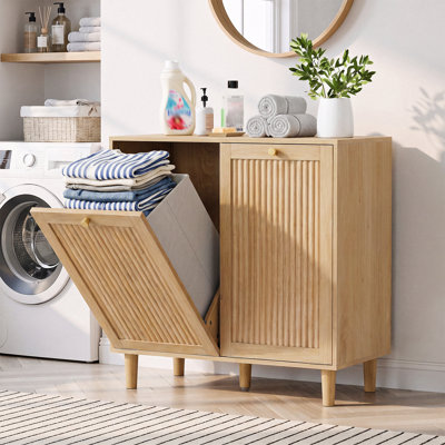 Tilt-Out 2-Compartment Laundry Hamper Cabinet,with 2 Hamper.Natural