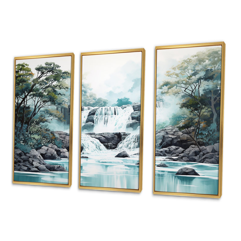 «Waterfall Cliff Scenery Magic II - Waterfall», ensemble d'art mural sur toile, Cadre flottant doré