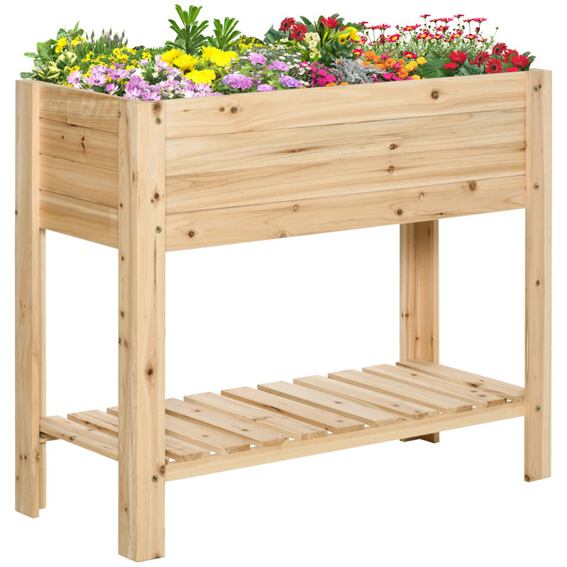 Lit de jardin surélevé en bois avec tablette de rangement, bois naturel