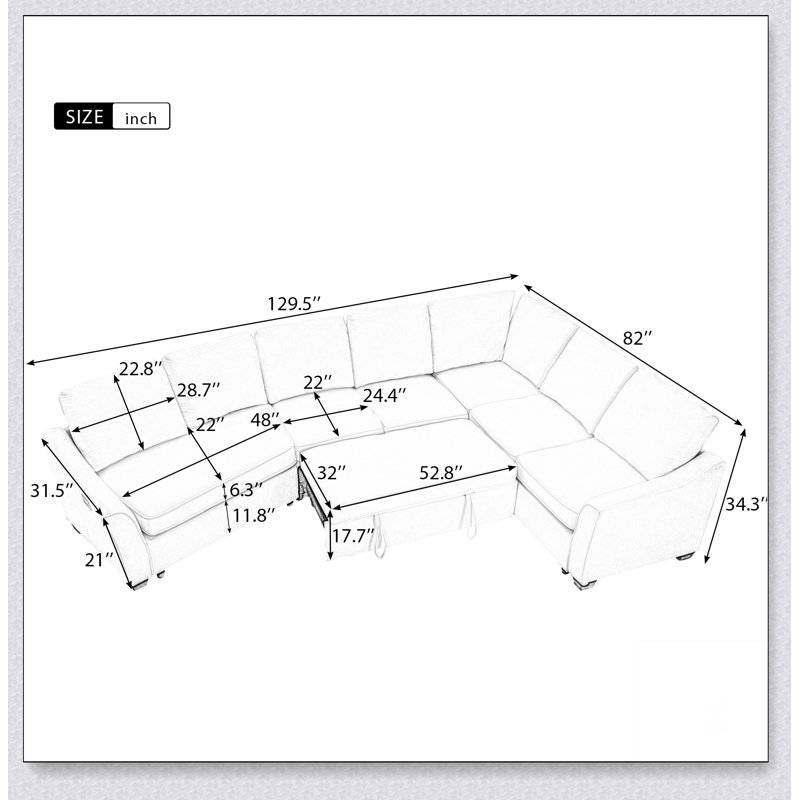 Canapé-lit modulaire de 129,5 po avec lit escamotable, canapé-lit en L avec port de chargement USB
