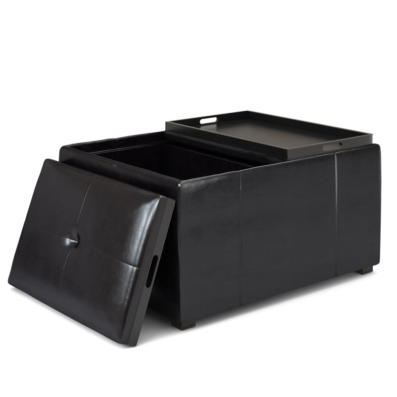 Avalon 35"W Upholstered Square Coffee Table Storage Ottoman with Flip-Over Trays, Brown, Midnight Black Faux Leather