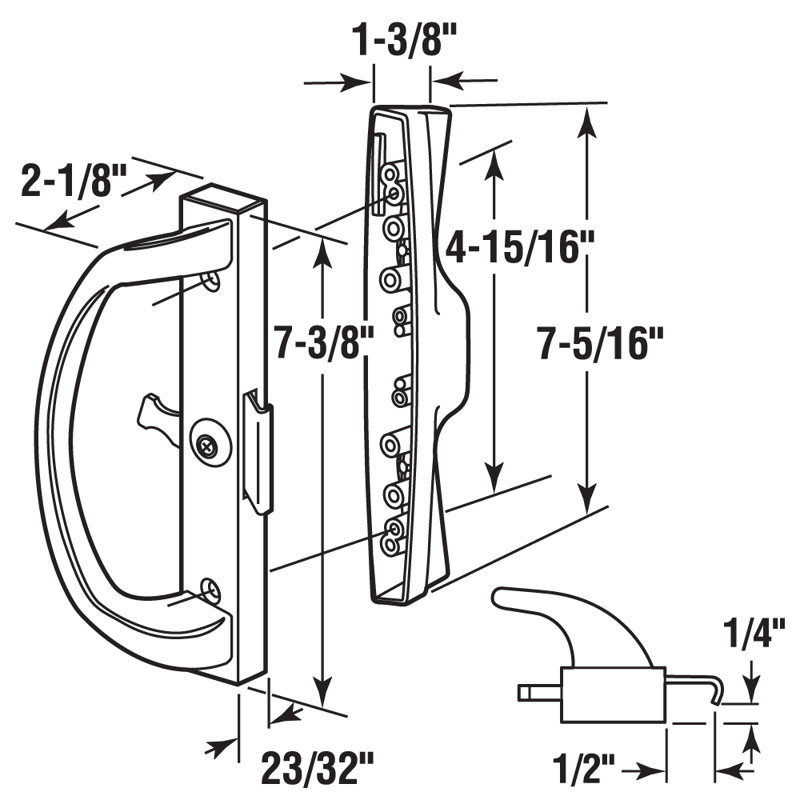 Ensemble de poignées de porte de patio moulées sous pression avec pince, profil de 1/4 po et projection de 1/2 po, blanc, (paquet simple)