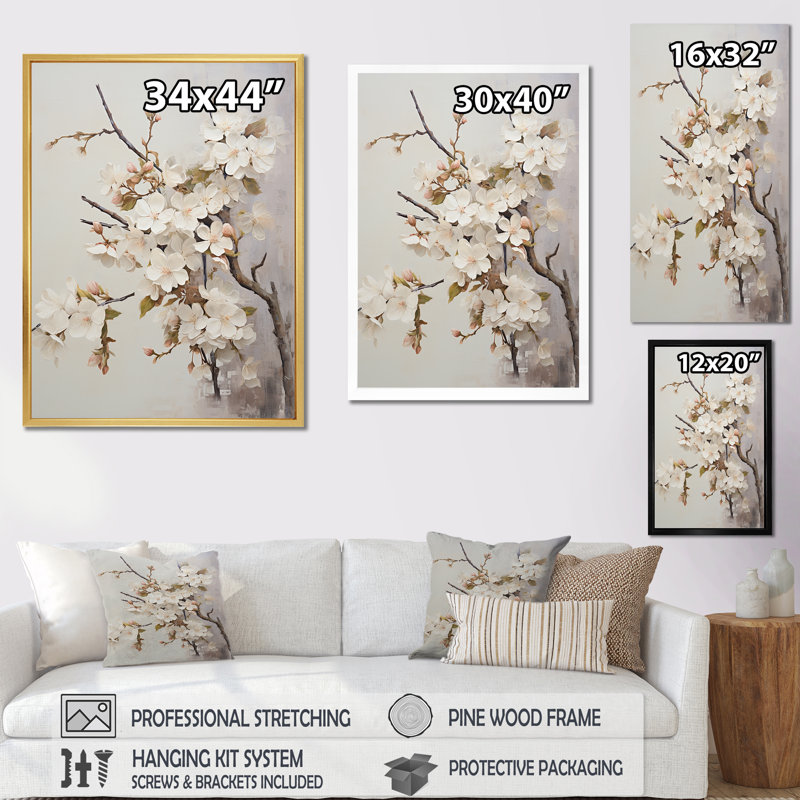 Fleur de pommier beige Senerity sur toile, H 44 po x l 34 po x P 1,5 po, Cadre flottant noir