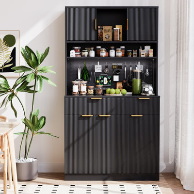 Spacious Wooden Fluted Pantry Cabinet With Storage, Charging Station, And Customizable Pegboard For Modern Living