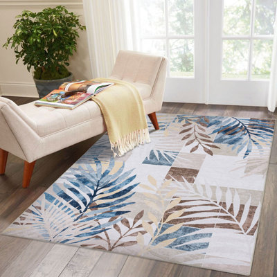 Jasmine Modern Plant Leaf Design Washable and Foldable Area Rugs Brown Blue Ivory for Living Room Bedroom