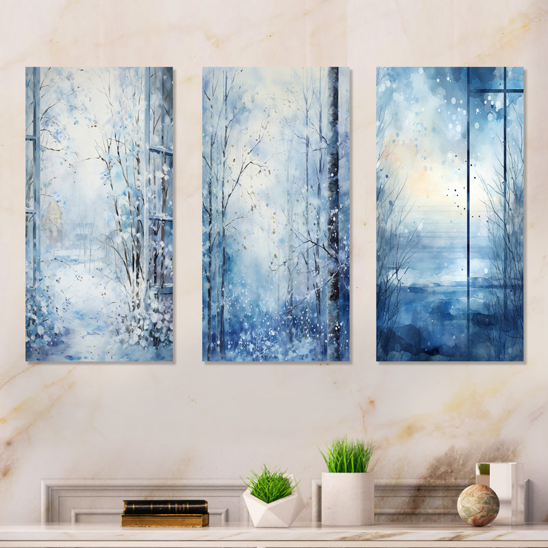 «White and Blue Winter Forest Collage II», ensemble d'art mural en métal paysage d'hiver, H 32 po x l 48 po
