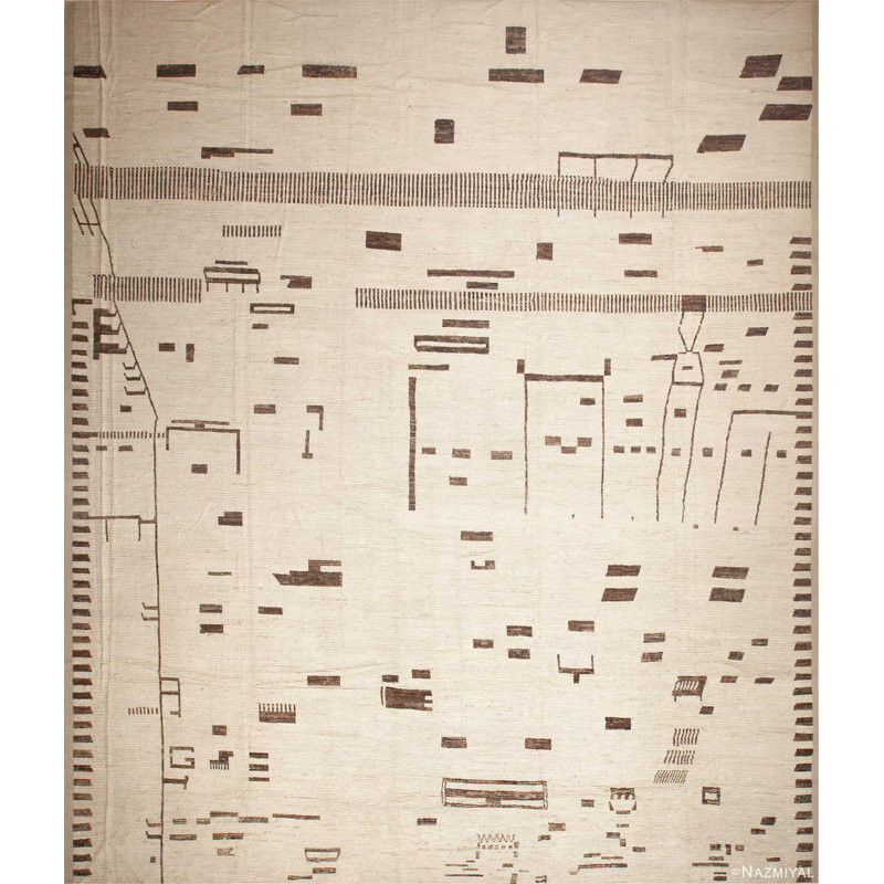 Grand tapis moderne tribal géométrique brun / ivoire à motif géométrique doux et unique