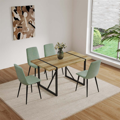 Modern Industrial 5-Piece Dining Table Set With Metal Base, Solid Wood Table, And Comfortable Linen Chairs