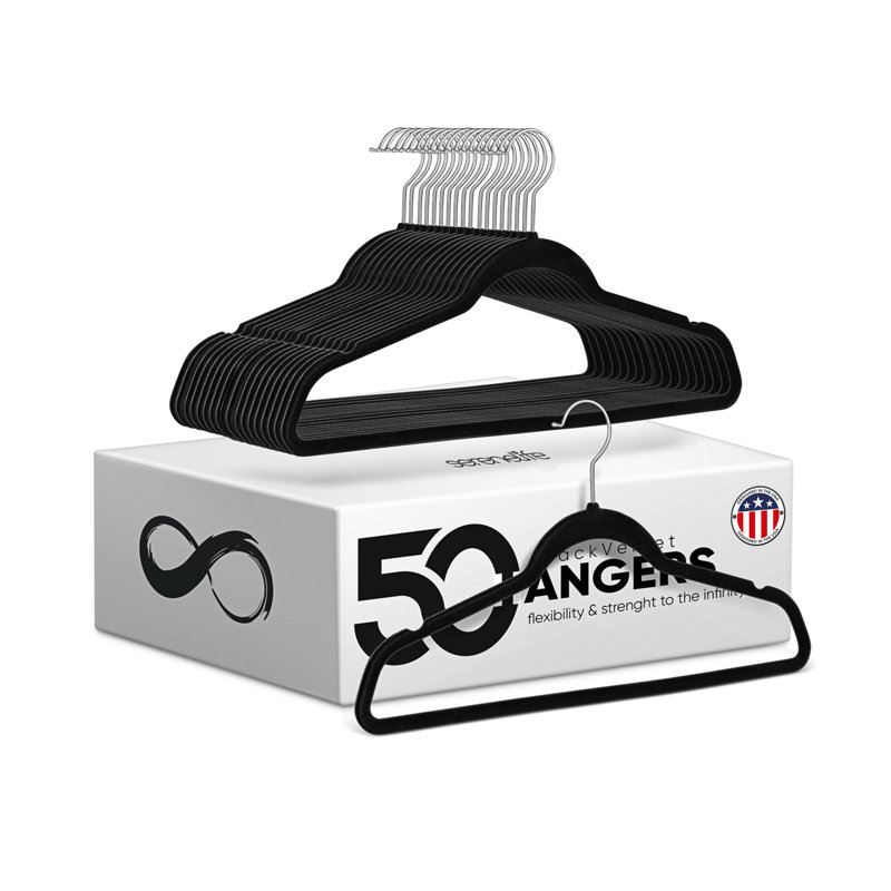 Black Velvet Non-Slip Heavy Duty Hangers with Metal Hooks, 50-Pack