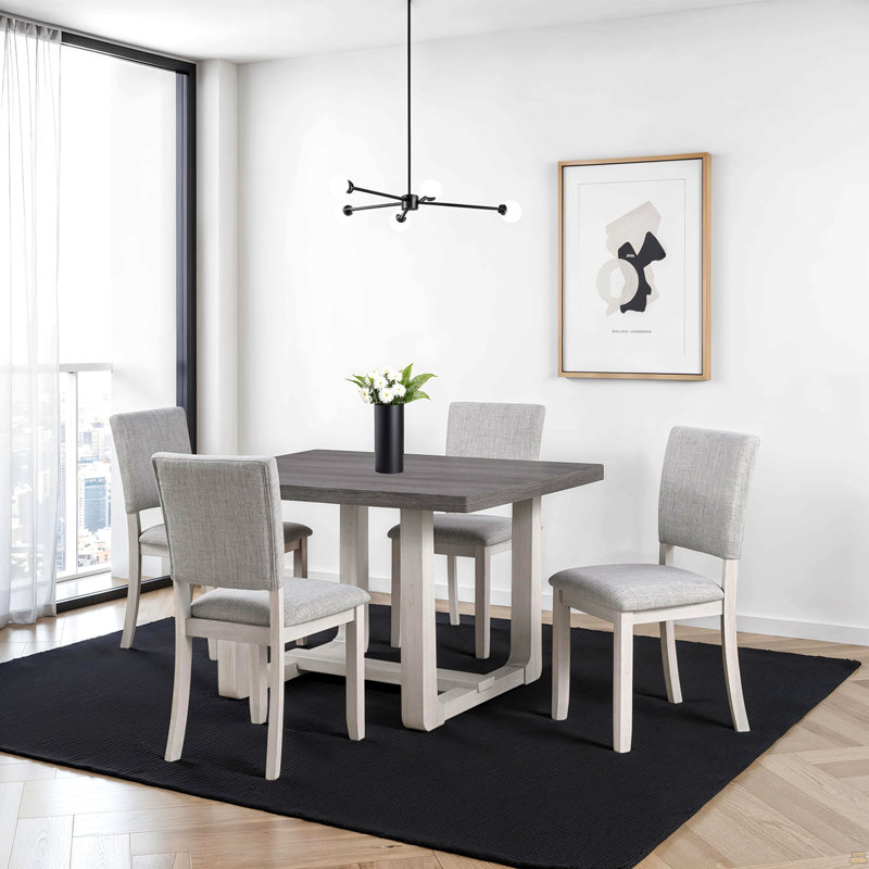 Ensemble de salle à manger 5 pièces Chaises rembourrées en tissu, Blanc, Blanc / Gris, Gris
