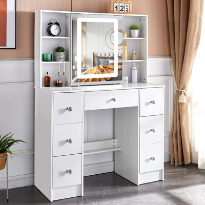 White Vanity Desk With Large LED Lighted Mirror, 3 Light Colors, 7 Drawers Makeup Vanity
