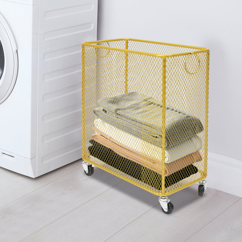 Metal Mesh Laundry Storage Cart, Laundry Basket With Wheels, Gold