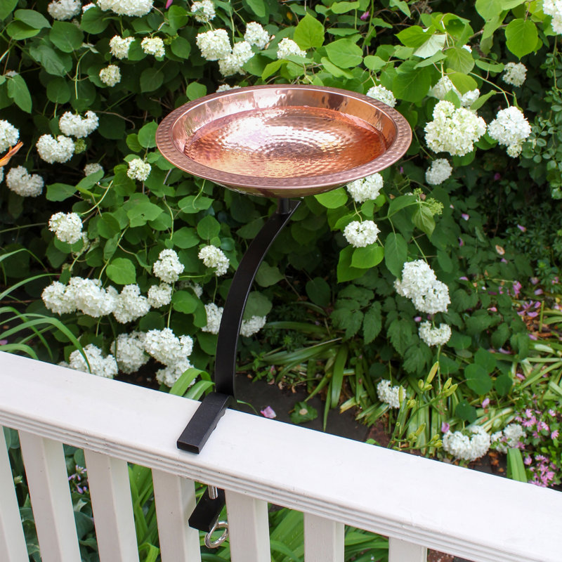 Hammered Copper Rail-Mounted Birdbath with Black Metal Bracket