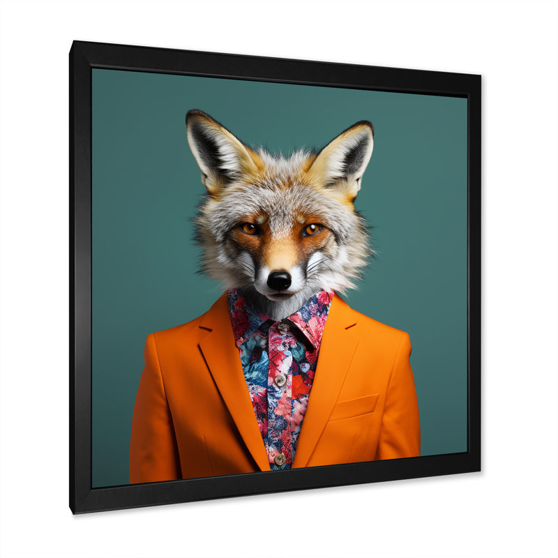 Orange et vert habillé de renard - art mural animal renard, Cadre photo noir, H 36 po x l 36 po x P 1,5 po