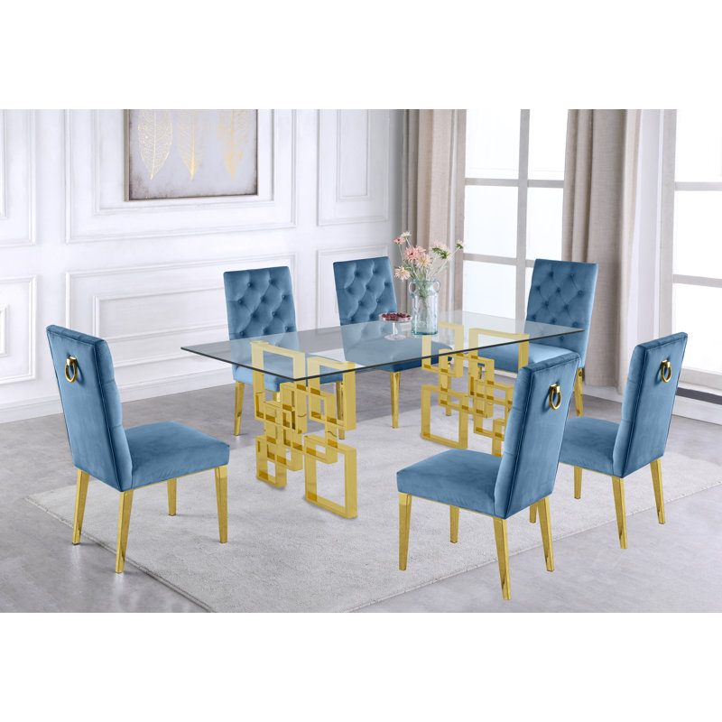 Ensemble de salle à manger Marcano, Bleu sarcelle, Or, 7 pièces incluses