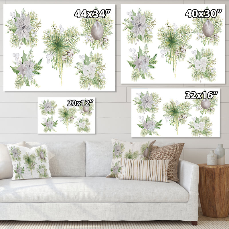 Bouquet floral de Noël avec coton, branches III - peinture sur toile, H 34 po x l 44 po, Toile tendue