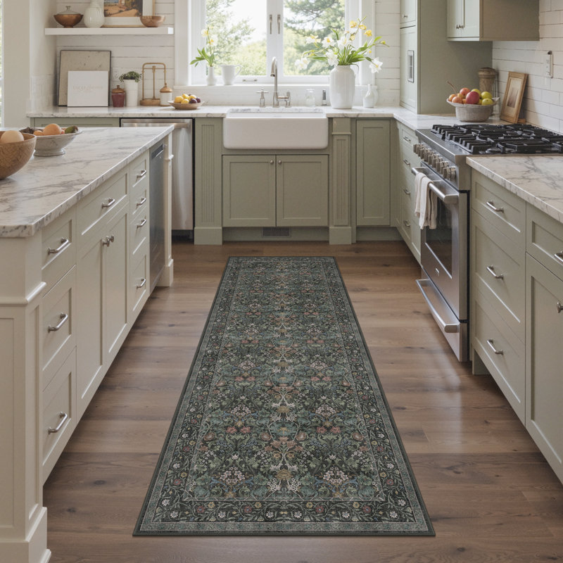Vilve Floral Machine Washable Dark Green/Teal/Gray Indoor Area Rug With Non-Slip Backing, Runner 2' x 6'