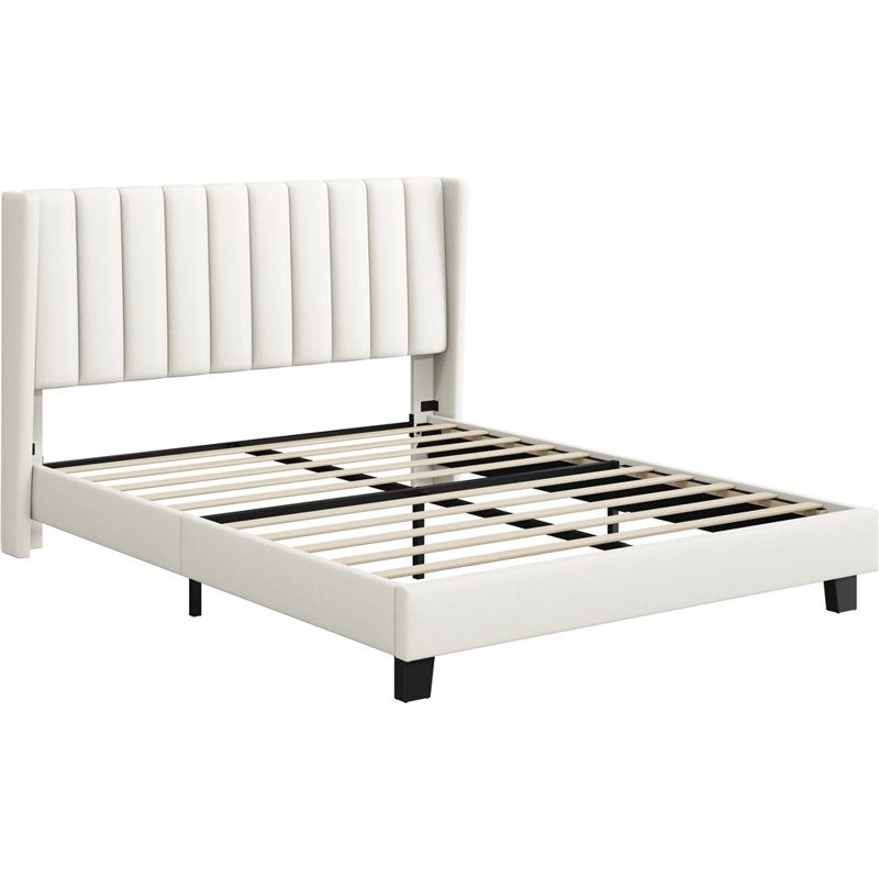 Upholstered Bed Frame with Channel Tufted Headboard, Beige, Kingsize (5')