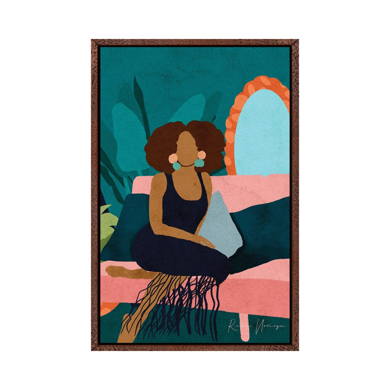 On My Couch by Reyna Noriega - Painting on Canvas, 66.04 cm H x 45.72 cm W, Classic Brown Wood Framed Canvas