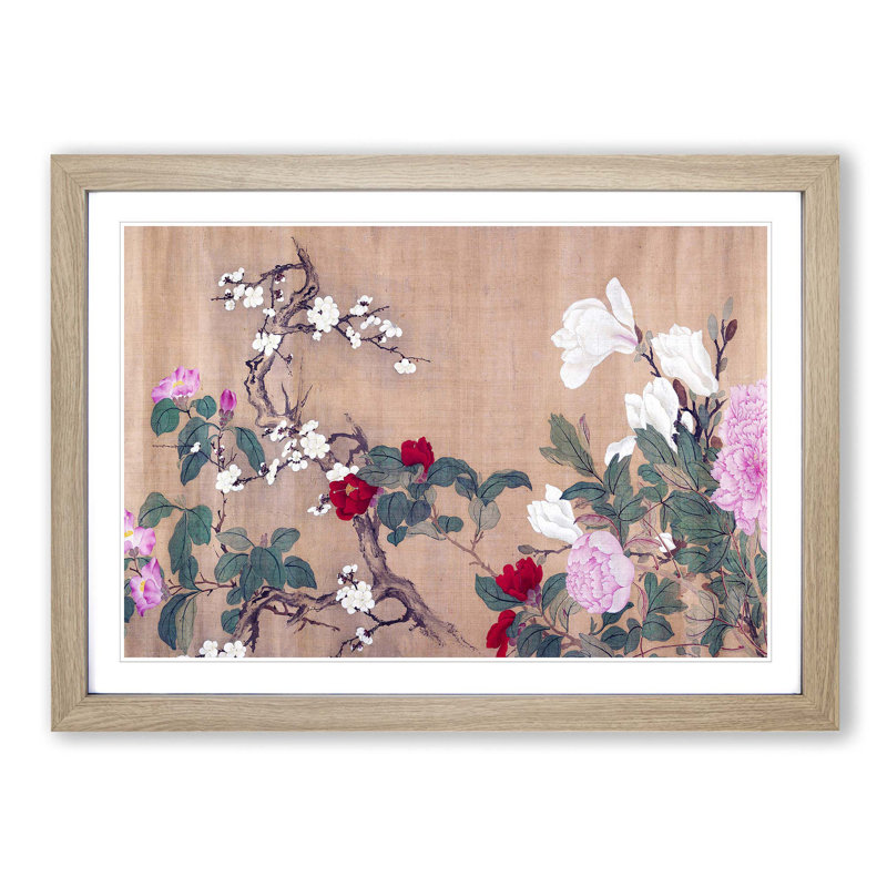 One Hundred Flowers Vol.1 by Yun Shouping - Picture Frame Painting Print on MDF, 27cm H x 36cm W x 2cm D, Oak Framed