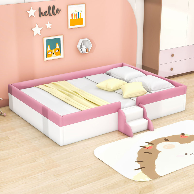 Upholstered Daybed with Guardrails and Stairs, Queen, White/Pink