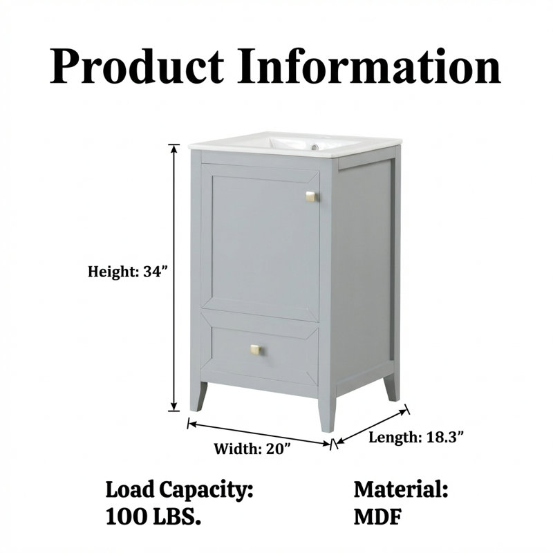 Meuble-lavabo autoportant compact de 20 pouces avec lavabo en céramique, porte à fermeture en douceur et rangement intégré
