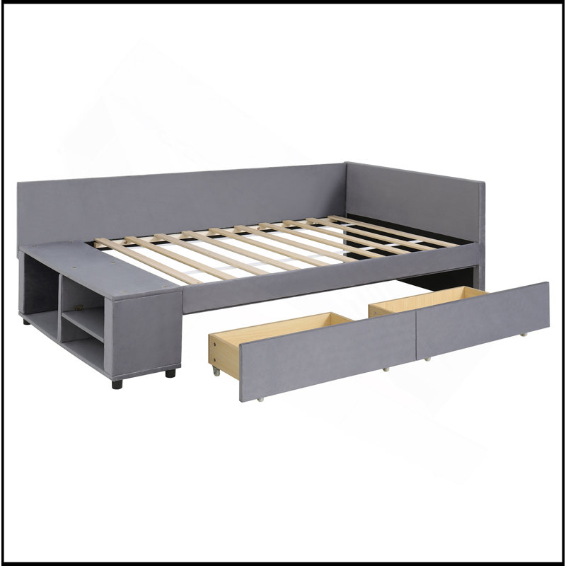 Lit plateforme simple tapissier en forme de L avec rangement et tiroirs, Gris