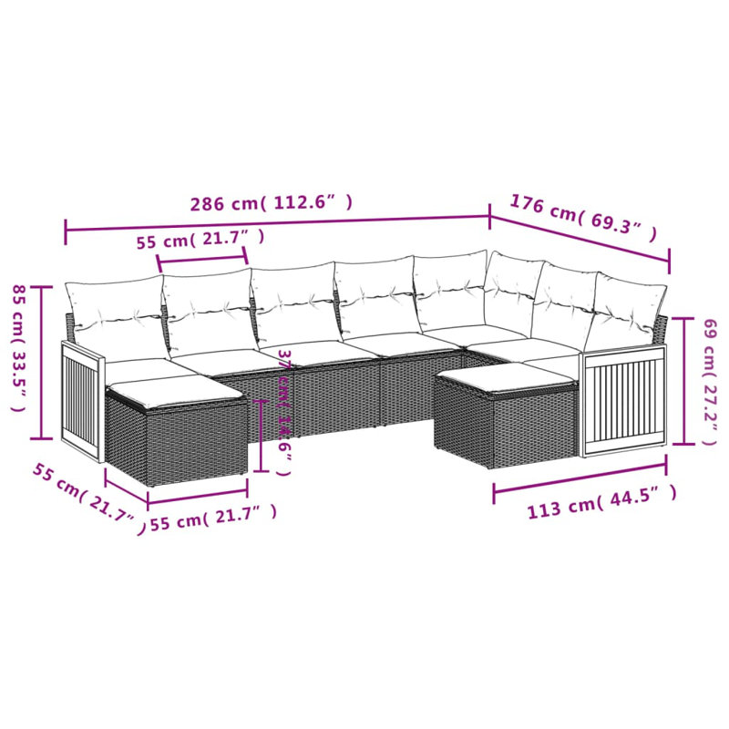 Ensemble de canapé de patio 9 pièces avec coussins en rotin noir pour l'extérieur