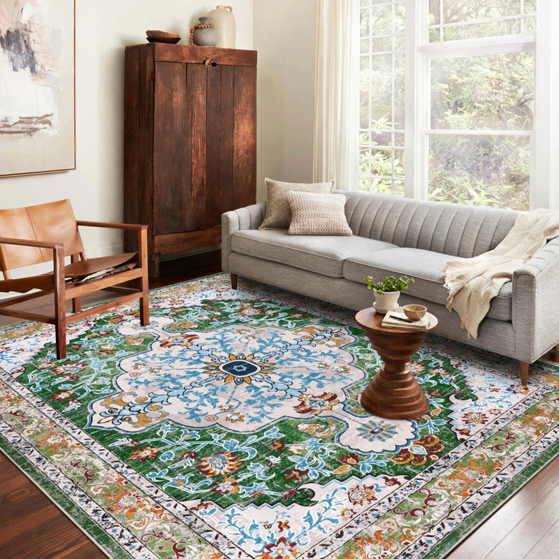 Tapis oriental antidérapant Boho, Bleu / orange / vert, Rectangulaire 8 pi x 10 pi