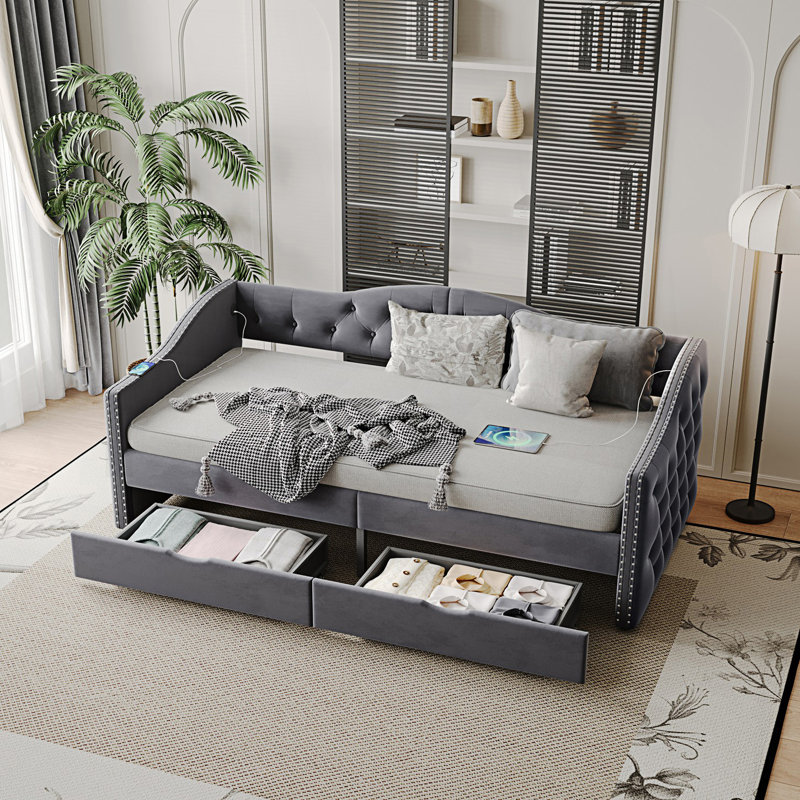 Upholstered Daybed With Storage Drawers, Twin Size Bed Frame