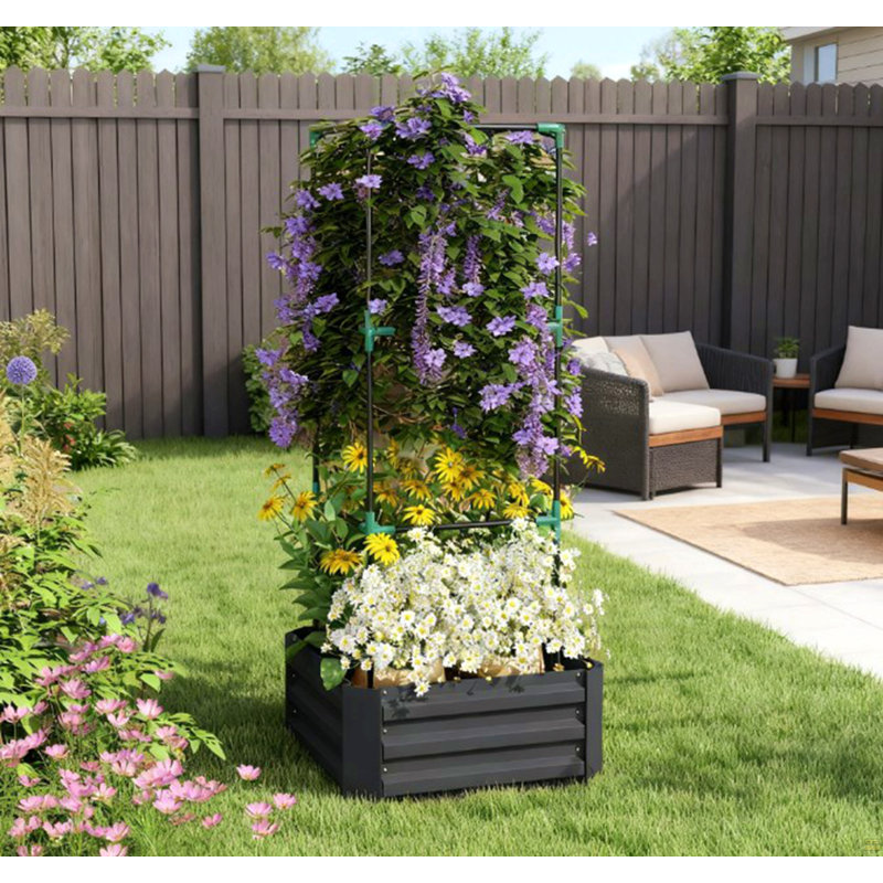 Lit de jardin surélevé, lit de jardin, jardinière galvanisée avec cage pour vignes grimpantes, Gris foncé