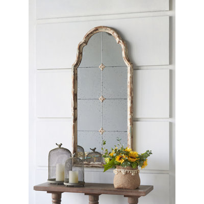 22" X 48" Large Cream & Framed Wall Mirror, Wood Arched Mirror With Decorative Window Look For Living Room, Bathroom, Entryway