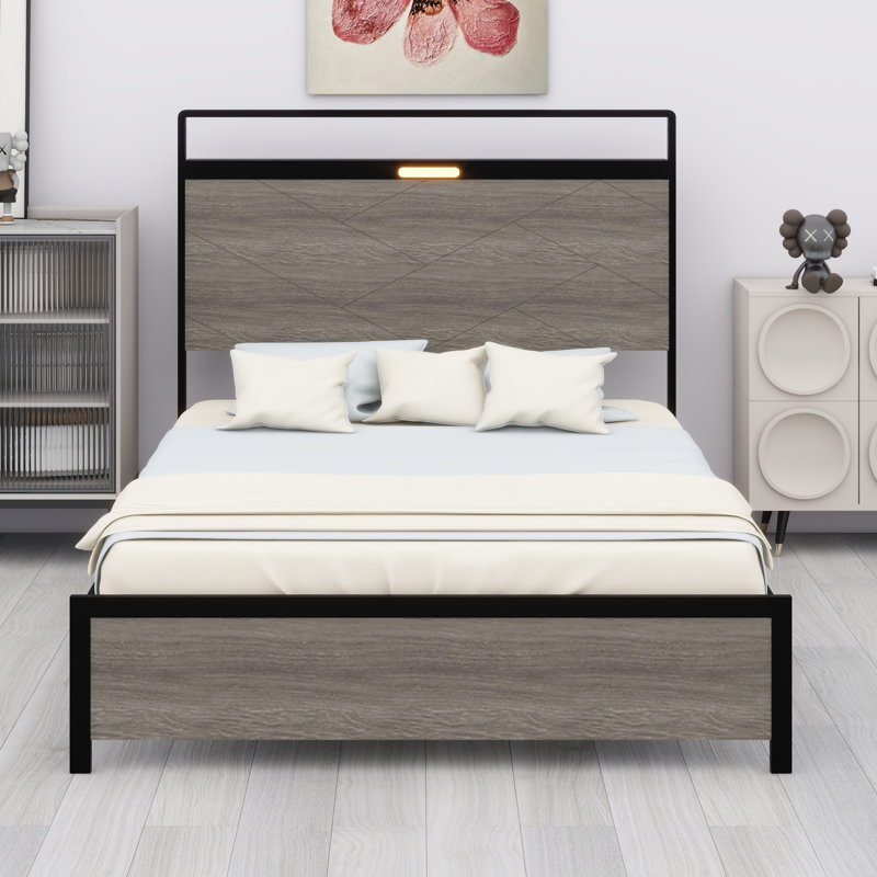 Base de lit plateforme avec tête de lit à DEL avec rangement et 2 USB, grand rangement sous le lit, Double