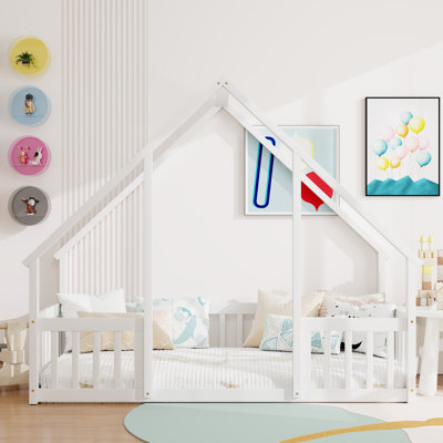 Twin Wood House-Shaped Floor Bed With Fence, Guardrails ,White