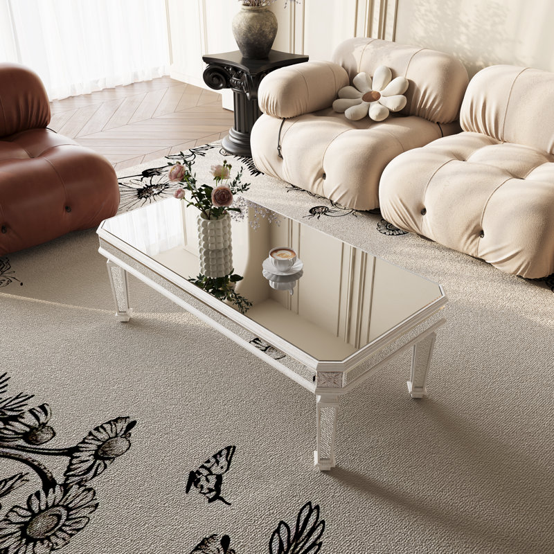 Table basse rectangulaire en verre avec finition en miroir, éléments sculptés rétro