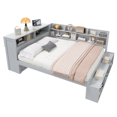 Full Size Daybed with Storage Cabinets & Shoe Cabinet, Built-in USB Ports, Gray