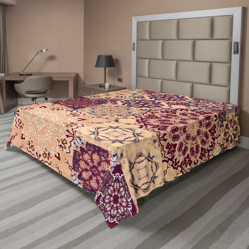 Ambesonne Top Flat Sheet Royal, King Flat Sheet, Peach Orange Red Patchwork 5