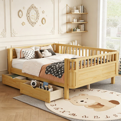 Queen Size Floor Bed with High Rails for Kids, Transition Style Wood Platform Bed Frame with Removable Guardrails Convertible Montessori Bed, Easy Assembly and Multi-Functional