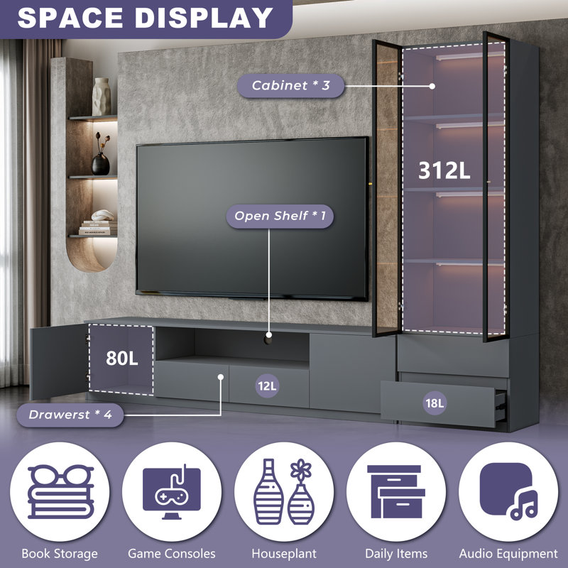 Meuble TV Crafton Modern gris de 260 cm (102,4 po) avec étagères à 4 niveaux pour téléviseurs de 65/75/85 pouces, ensemble de rangement en bois pour salon comprenant une console multimédia, des étagères vitrées et un éclairage.