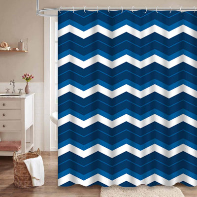 Rideau de douche géométrique à chevrons zigzag bleu avec 12 crochets