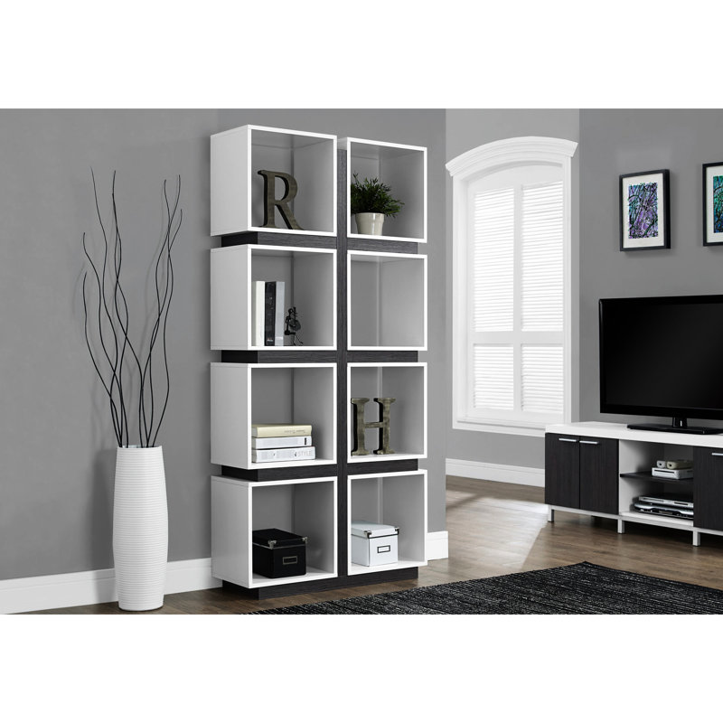 Bibliothèque à 5 niveaux, H 71 po en stratifié gris et blanc, moderne pour bureau de chambre à coucher, 8 tablettes de style cube et bureau de créations créatives H 71 po, articles de rangement, contemporain