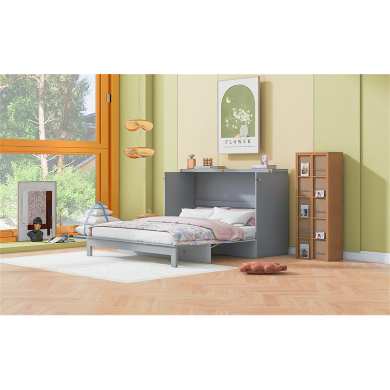 Murphy Bed With Large Drawers, Gray, Queen