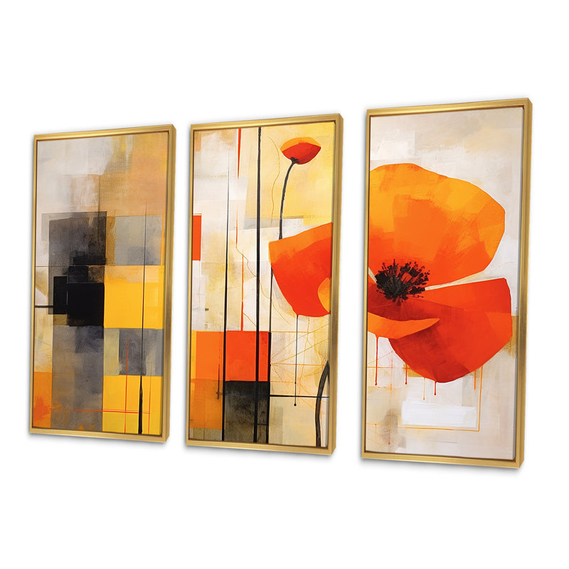 «Bold Orange Cubic Flowers I», ensemble d'art mural géométrique, Cadre flottant doré, H 40 po x l 60 po x P 1 po