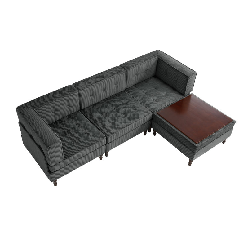 4 - Piece Upholstered Tufted Corduroy Modular Corner Sofa with Pillow Back and Removable Flip-Tray Top Storage Ottoman 
