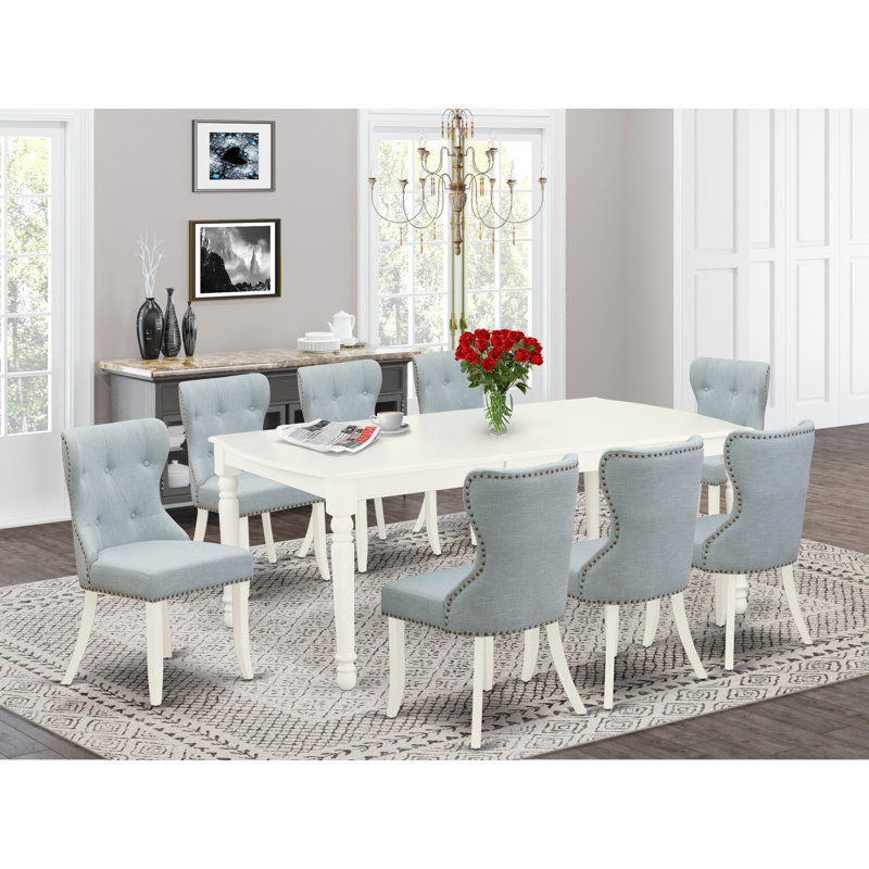 9 Piece Dining Table Set Includes a Rectangle Dining Room Table with Butterfly Leaf and 8 Baby Blue Linen Fabric Upholstered Chairs, Linen White