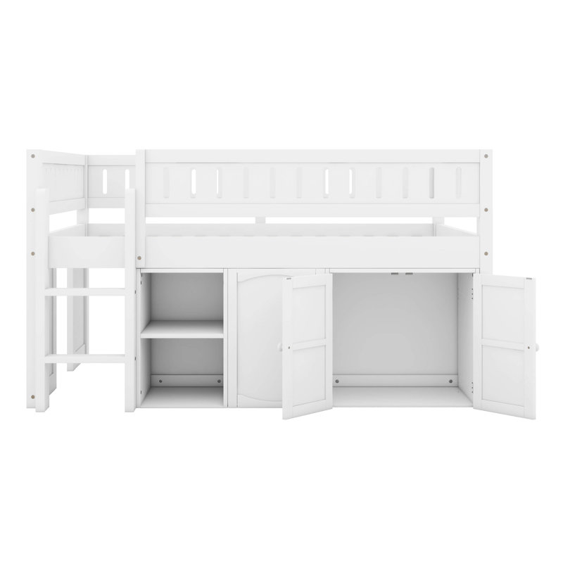 Full Size Low Loft Bed, Wooden Loft Bed With Storage Cabinet And Chalkboard Panel, Open Shelves & Guardrail And Ladder, White