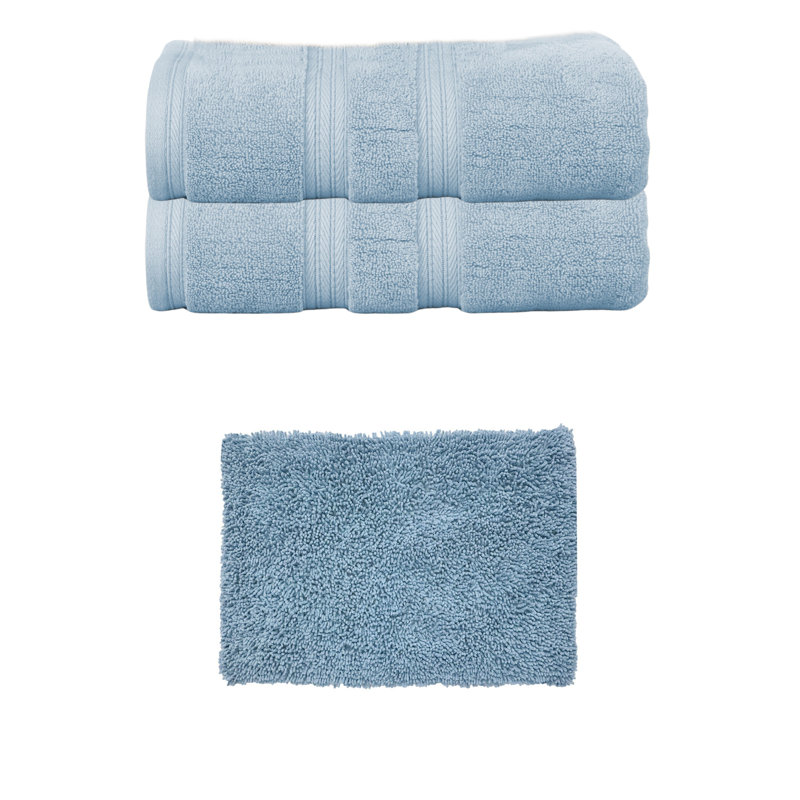 Ensemble de serviettes 6 pièces 100% coton et 1 tapis de bain 17 x 24 "Fantasia Collection, (ensemble de 7), Bleu