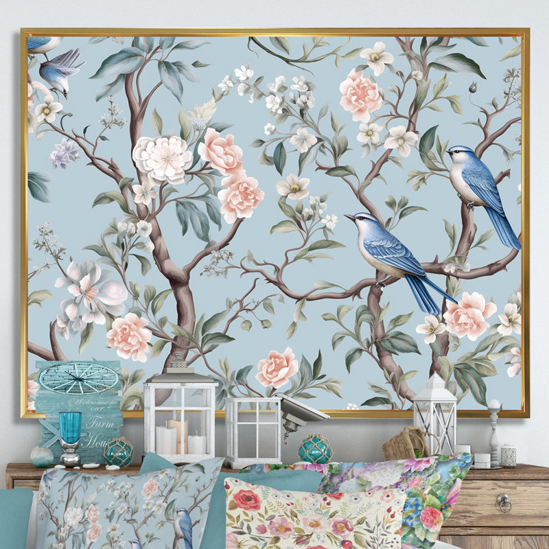 Chinoiserie, oiseaux et pivoines - art mural oiseau, Cadre flottant doré, H 34 po x l 44 po x P 1,5 po