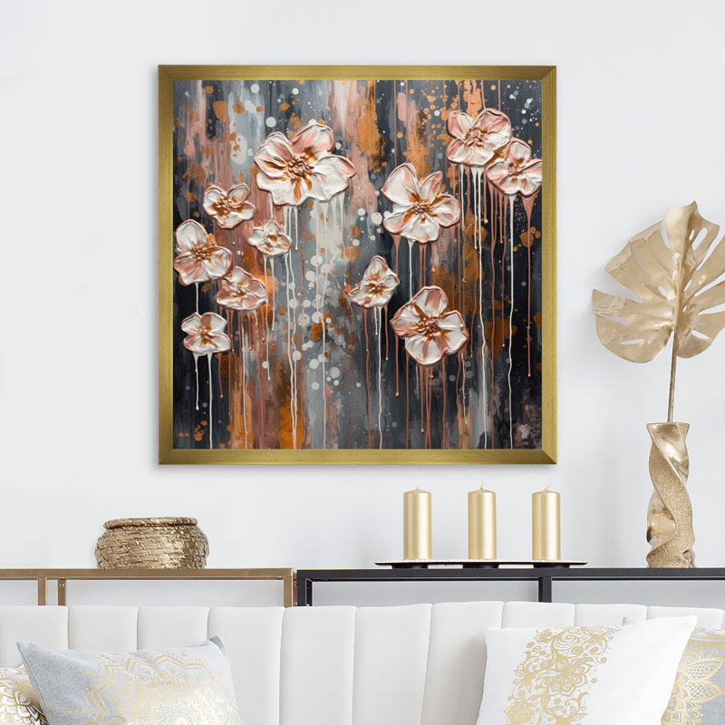 «Pink Roses In Bloom», reproduction sur toile, Encadrement doré, H 36 po x l 36 po x P 1,5 po