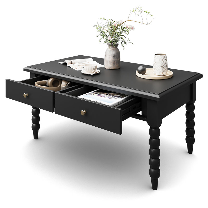 W40" X D22.2" Rectangular Wooden Coffee Table With Storage Drawers, Vintage Cocktail Table With Solid Wood Gourd-Shaped Legs For Living Room